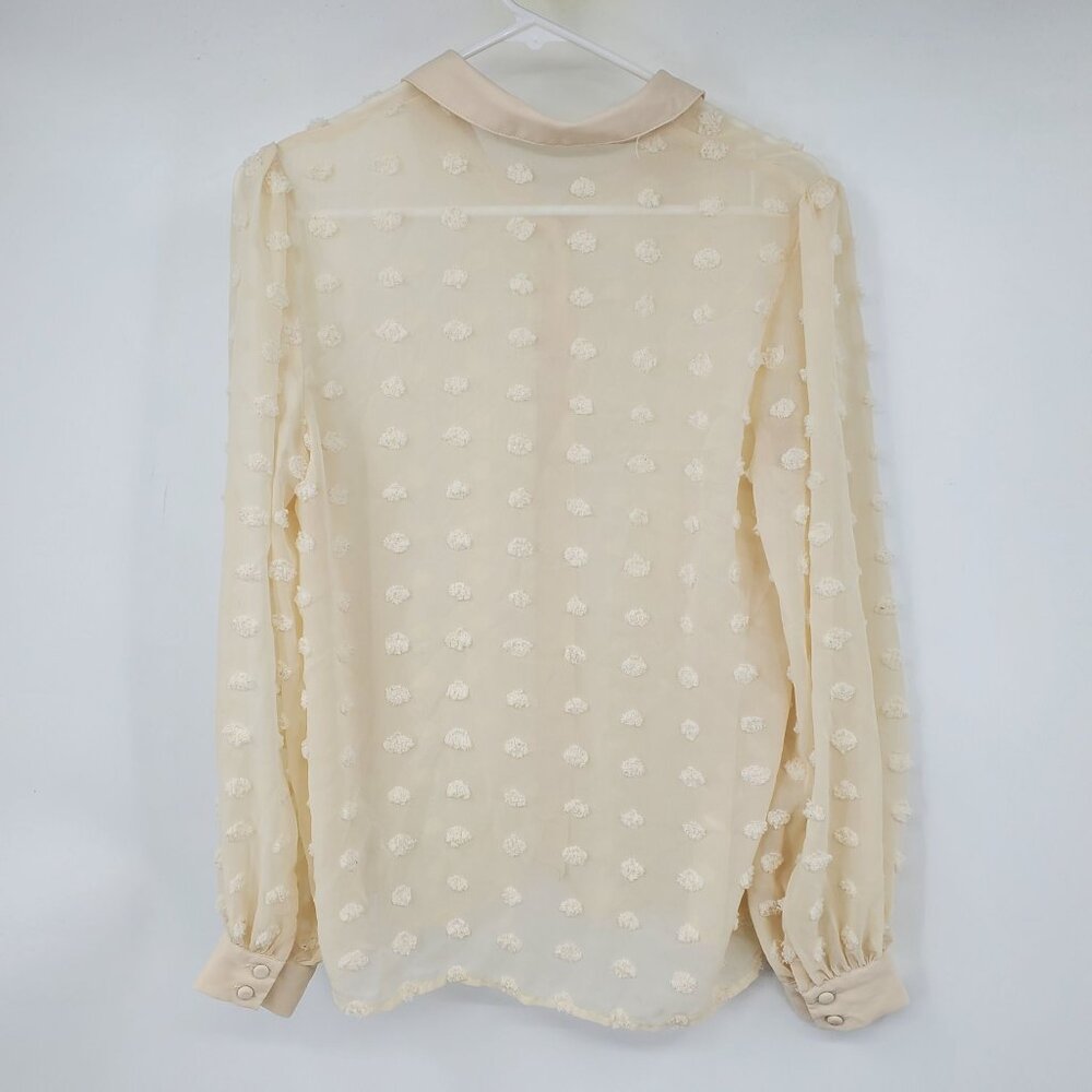 Lulus Swiss Dotted Button Front Cream Long Sleeved Collared Blouse Shirt Small